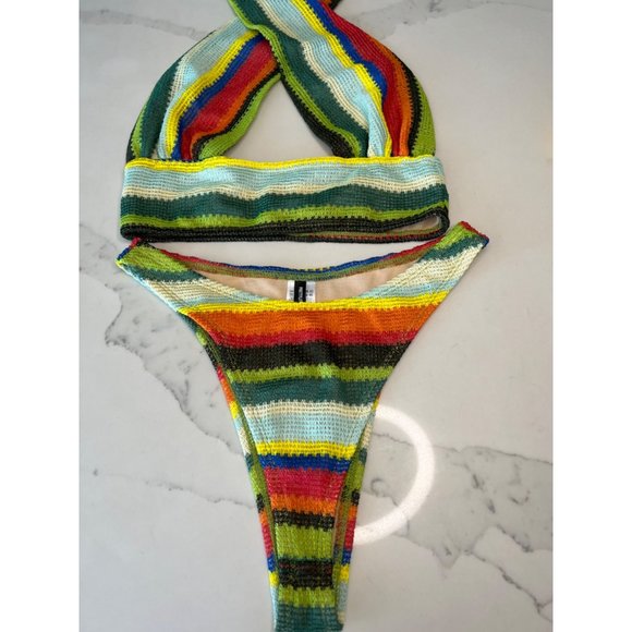 Prettylittlething Multi Stripe Halterneck Bikini crochet knit 4 - Picture 3 of 13